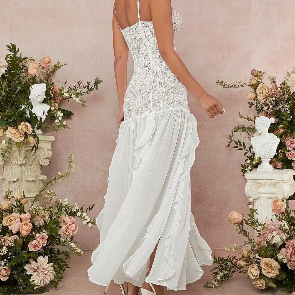 White Preppy Women's Lace Bustier Split Thigh Ruffle Maxi Dress - Picture 2 of 6